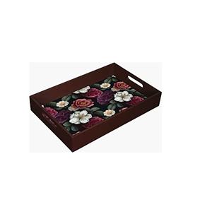 Plateau de Service Design en Bois Imprimé avec Motif Floral Coloré Plateau Décoratif Rond Vintage pour Table Basse de Cuisine - Product Image 2