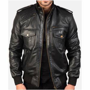 Chaqueta para hombre chaquetas de hombre Chaqueta de cuero de vaca para hombre en marrón Bomber de invierno con bolsillos laterales - Product Image 6