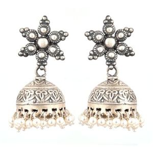 Pendientes de tuerca de Jhumkis para mujer, de plata de ley de diseño étnico hecho a mano, joyería de 4,80 cm NSJ-732/45787 - Product Image 1