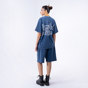 2024 personnalisé hommes été lavage à l'acide short de survêtement séchage rapide taille élastique poches bleu imprimé tissu éponge ensemble de t-shirts décontractés - Product Image 1