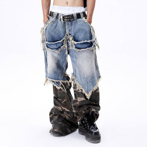 <b>Mens</b> Custom Stonewashed Hip-Hop Wide Leg Jeans ODM <b>Camo</b> Patchwork Distressed Denim with Rivet High-Quality Streetwear - Product Image 1