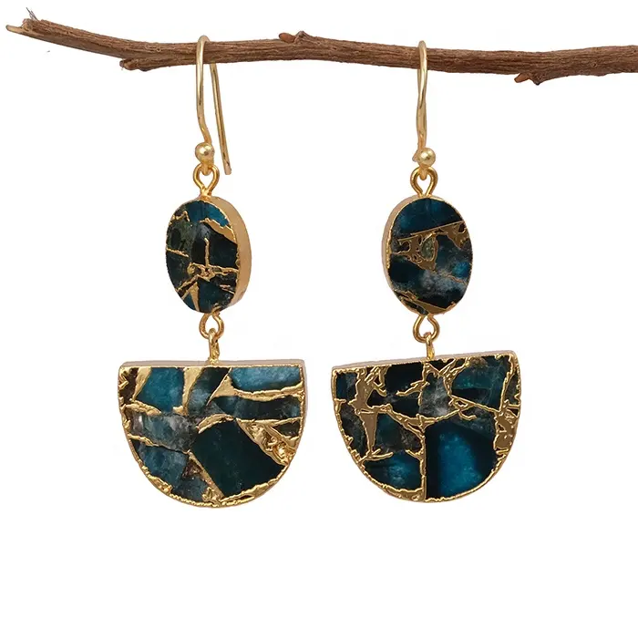 Dainty apatite jade double shape gemstone hook pairs statement jewelry for women & girls gold electroplated dangle drop earrings
