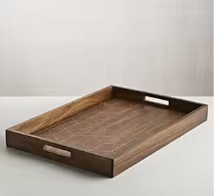 Plateau de service rond en bois d'acacia avec poignées pour servir des boissons décoratives d'Inde - Product Image 4