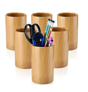 6 Pcs Bamboo Pen Holder Solid Wood Desk Pen Pencil Holder Stand Wooden Pencil Holder for Desk Multi Purpose Use Pencil Cup