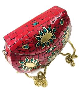 Handcrafted Red Stone Mosaic Evening Purse Elegant <b>Clutch</b> Bag with Metal Frame for Weddings, Parties, and Special Occasions - Product Image 5