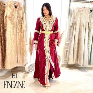 Caftan marocain rouge élégant Vêtements traditionnels musulmans avec broderie à la main Style décontracté Soie respirante - Product Image 3
