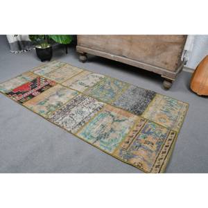 Alfombra Vintage de lana turca Beige de 2,3x4,6 pies, hecha a mano, clásica, área grande, patrón de retazos abstracto, látex para decoración de habitación de pasillo - Product Image 2