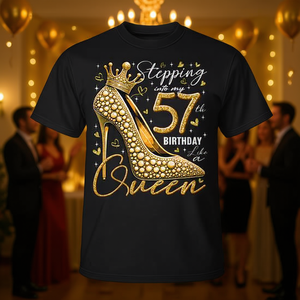 Camiseta con diseño de tacones altos: Entrando en mi 57.º cumpleaños como una reina - Product Image 3