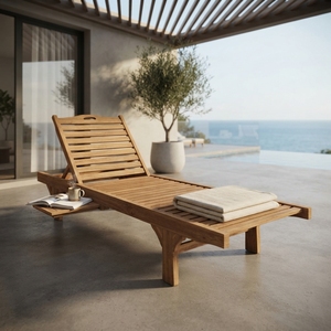 Chaise longue d'extérieur en teck massif avec plateau coulissant, chaise de piscine inclinable à lattes, design artistique et décoratif - Product Image 2