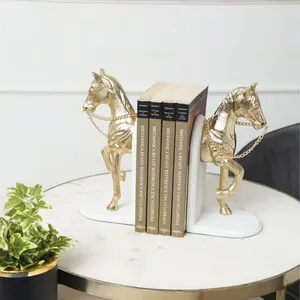 אלומיניום זהב סוס Bookend על בסיס שיש