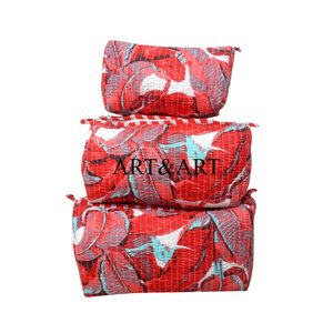Ensemble de trois pochettes matelassées à fermeture éclair écologiques, imprimées de fleurs élégantes, en coton, pour cosmétiques, voyage, maquillage - Product Image 1