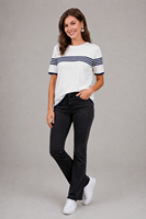 T-shirt en tricot pour femme, haut en tricot rayé, haut en tricot à col rond, pull en tricot à manches courtes, haut en tricot d'été, haut en tricot léger