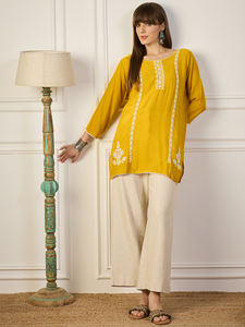 Best Selling Short Kurti Elegant Viscose Rayon Tunic with Thread Embroidery Lightweight Fashionable Ethnic <b>Top</b> In Bulk Quantity - Product Image 3