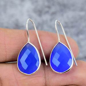 เพชรคาลซิโดนีสีน้ำเงิน925ต่างหูเงินสเตอร์ลิงห้อยอัญมณีรูปทรงลูกแพร์ดีไซน์ลวดสำหรับงานเลี้ยงงานแต่งงานของขวัญ - Product Image 2