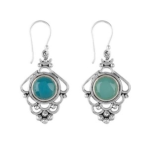 Boucles d'oreilles en pierres précieuses calcédoine 925 boucles d'oreilles en argent Sterling massif de forme ronde pour femmes filles boucles d'oreilles pendantes bijoux en argent - Product Image 1