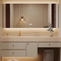 Mueble de Baño Moderno Flotante con Chapa de Madera, Espejo LED, Lavabo Doble y Encimera de Piedra Sólida