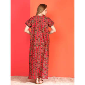 Evolove Women's Cotton Maxi <b>Nighty</b> Printed Short Sleeves Full-Length Side Pocket Bow Collar (LNGCO3325RD) - Product Image 5
