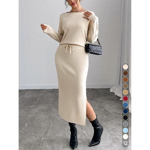 Women's Printed Boatneck Knit <b>Top</b> and Side-Slit Midi Skirt Set - Product Image 2