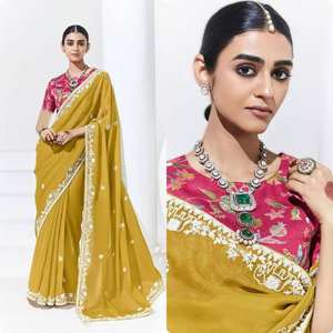 Designer Traditional Silk Wedding Sari with Embroidered <b>Lace</b> Piping Border Digital Print <b>Yellow</b> Silk Blouse Party Wear Elegance - Product Image 1