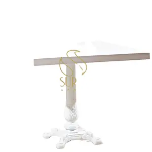 Handmade Indian White Distress Wooden Square Top With Cast Iron Leg Restaurant Wooden Iron 2 Seater Dining Table