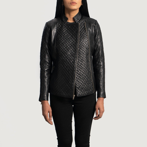Women's Genuine <b>Leather</b> Quilted Moto <b>Jacket</b> Stand Collar Full Sleeve Zipper Closure Black Autumn Style - Product Image 5