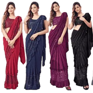 Pronto da indossare sari In tessuto Lycra importato con volant completamente cuciti e camicetta di design con sequenza cucita
