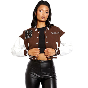 Venta al por mayor señoras 100% algodón lana Varsity Crop Top chaqueta mujer recortada de gran tamaño sólido béisbol Letterman acolchado piel de oveja - Product Image 1