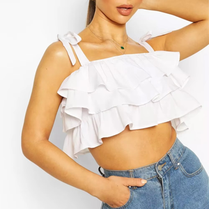 Wholesale Summer <b>White</b> Tie Shoulder Ruffle <b>Crop</b> <b>Top</b> Women Summer Sexy Sleeveless Square Neck <b>Crop</b> <b>Top</b> Summer Wear - Product Image 4