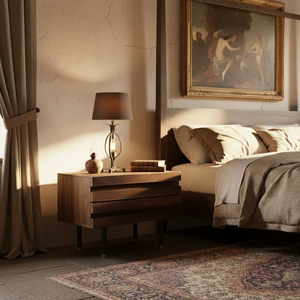 Mesita de Noche Moderna y Elegante de Madera con 2 Cajones, Acabado Oscuro Intenso, Líneas Elegantes, Patas Resistentes, Detalles Dorados, Diseño Artesanal Atemporal para Dormitorio - Product Image 3