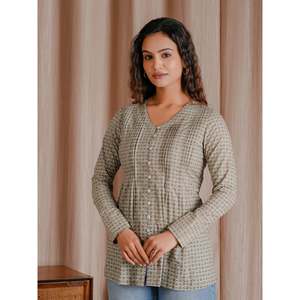 Camiseta de Mujer Estilo Coreano, 100% Algodón Tejido Transpirable, con Botones y Diseño de Puntos, Tallas XS XXS, Color Gris Verde, Top Corto de Algodón Butti - Product Image 1