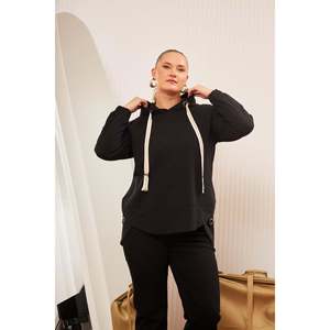 RMG Plus Size Women's Black Embellished Lace-Up Corded Hooded <b>Asymmetric</b> <b>Hem</b> Sweatshirt <b>Top</b> for Casual Wear - Product Image 1