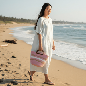 Sac fourre-tout en jute naturelle tissé à la main avec des poignées en bois, écologique, fait à la main, sac pour femmes pour la plage, les courses, le pique-nique, le rangement - Product Image 4