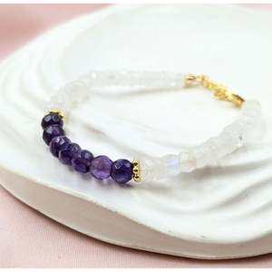 Rainbow Moonstone & Amethyst Beaded Bracelet Gold Plating <b>Charm</b> Ball-shaped Religious <b>Bangles</b> Featuring Pearl Main Stone Gift - Product Image 2