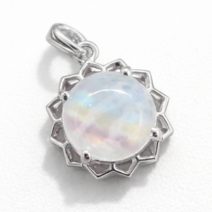 Handmade Minimalist Sterling Silver Rhodium Plated 12mm <b>Moonstone</b> Round Flower Classic <b>Pendant</b> Unisex Fine Jewelry Gift - Product Image 1