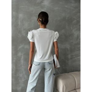 Topshow Women's White <b>Rose</b> Shoulder Detail Wholesale T-Shirt, Casual Cotton Blend Knit Short Sleeve <b>Top</b> for Everyday Wear - Product Image 5