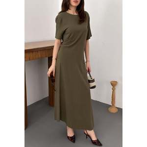Robe plissée à col rond kaki - Kaki - Product Image 4