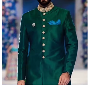 Elegant Embroidery On Green Sherwani And <b>Pant</b> Stylish Traditional Men's Outfit Perfect For Weddings Parties & Festive Occasions - Product Image 4