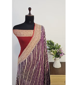 Sari Banarasi en Georgette Khaddi Pur, Tissé à la Main, Bicolore, Tissu Doux, Détails Zari Complexes, Élégant, Tenue de Soirée Ethnique, Banaras - Product Image 6