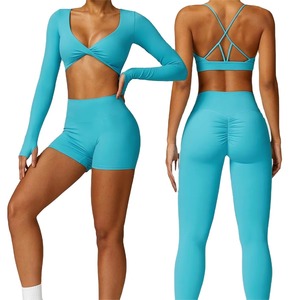 Quick Dry Stretch Long Sleeve Jacket Yoga Set <b>Butt</b> <b>Lifting</b> <b>Leggings</b> Spandex 2 Piece Yoga Wear Set Women Yoga Workout Set - Product Image 6