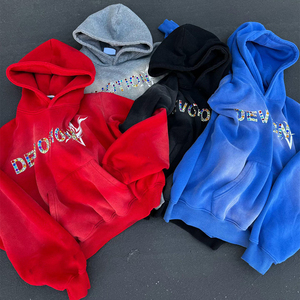 Sudadera con capucha desgastada de felpa francesa personalizada para hombre, diseño en relieve lavado con ácido, bordado de parche de dobladillo en bruto Digital para invierno, hecho en EE. UU. - Product Image 3