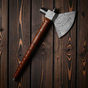 Hache de combat en acier Damas à vente chaude, pipe à fumer, hache de camping véritable avec manche en bois de rose et étui en cuir - Product Image 6
