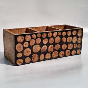 Organizador de Cubiertos de Madera Hecho a Mano con Incrustaciones de Rodajas de Madera Modernas, Porta Utensilios con Múltiples Compartimentos, Caja de Almacenamiento para Mesa de Cocina - Product Image 1