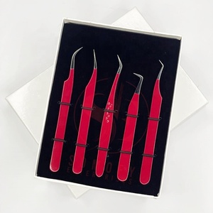 Pinzas de pestañas de grados personalizados al por mayor punta de fibra roja herramientas de belleza de acero inoxidable para extensión de pestañas - Product Image 2