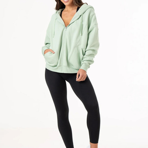 Nouveau design femmes décontracté épaules tombantes court recadrée nombril fermeture éclair ourlet élastique à capuche surdimensionné sweat à manches longues - Product Image 4