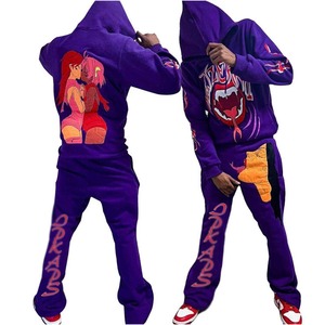 Sudadera con capucha y chándal de lana con estampado de soplo Unisex personalizado 2024 con pantalones de chándal acampanados apilados para invierno - Product Image 1