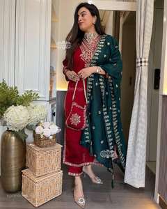 Nouvel arrivage de costumes de fête au design attrayant Vichitra soie lourde séquence et pantalon de travail brodé et haut avec broderie Dupatta - Product Image 3