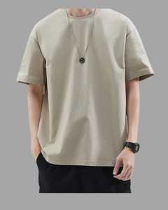 T-shirts d'été 100% pur coton pour hommes, col rond, manches courtes, tissu tissé, lavable en machine avec motif solide. - Product Image 3