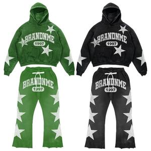 Ensemble sweat-shirt et pantalon de survêtement vintage 100% coton, imprimé à l'écran, à jambes évasées, tissu éponge, or - Product Image 2