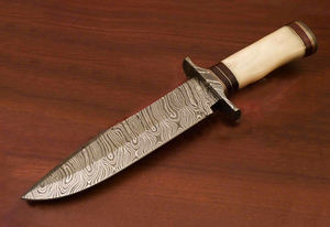 Venta caliente de acero de Damasco cuchillo de hoja fija con mango de madera hecho a mano al aire libre Bowie Camping cuchillos OEM soporte personalizado. - Product Image 5