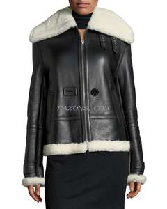 Women Aviator <b>Shearling</b> <b>Bomber</b> Leather <b>Jacket</b> Real Sheepskin Fashionable Designers Casual Biker Ladies Fur Sherpa Leather <b>Jacket</b> - Product Image 4